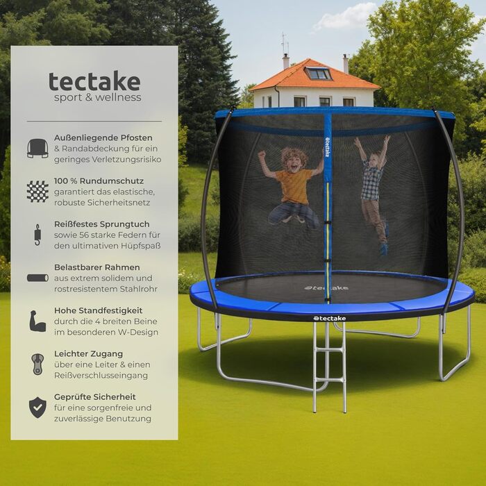 Трамплін Tectake® для саду Ø 305 см з сіткою безпеки, блакитний - ідеальний для занять спортом та балансування дітей