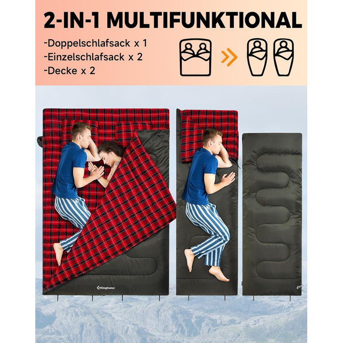 Спальний мішок KingCamp на 2 особи з фланелі, зимовий, для кемпінгу та відпочинку на природі, 3-4 сезони, з 2 подушками, підходить для дітей та дорослих (зелений)