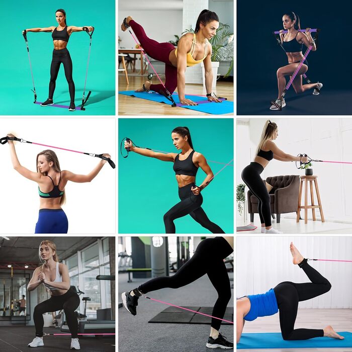 Портативна фітнес-палка Pilates з еспандерами, ручками, дверним якорем, ременями для щиколоток і подовжувальними стрічками, з фітнес-постерами та відео, фіолетова, універсальна