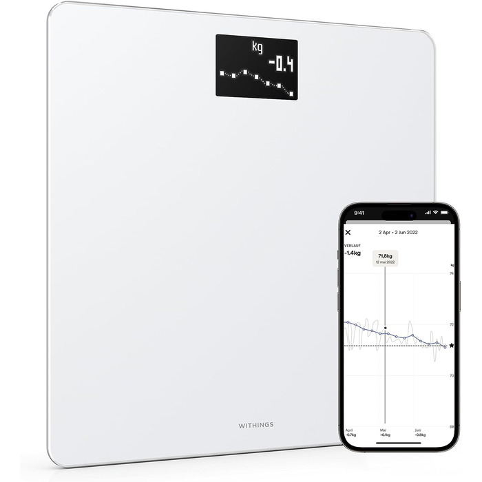 Withings Body — Wi-Fi вага з відстеженням ваги та ІМТ, цифрова підлогова вага з синхронізацією через Bluetooth або Wi-Fi, біла