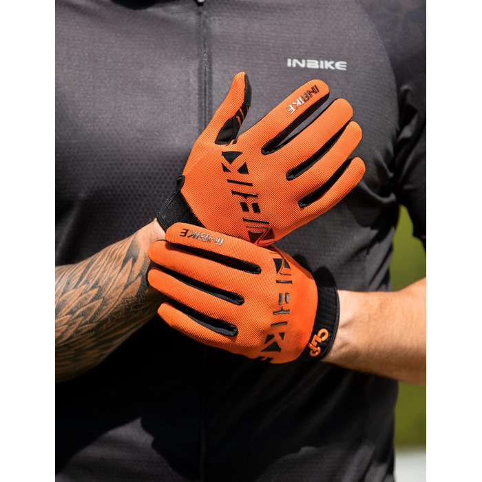 Рукавички велосипедні INBIKE MTB Anti-Slip з силіконовим покриттям, дихаючі, з підтримкою сенсорного екрану, для гірського велосипеда, велоспорту та активного відпочинку (Помаранчевий, M)