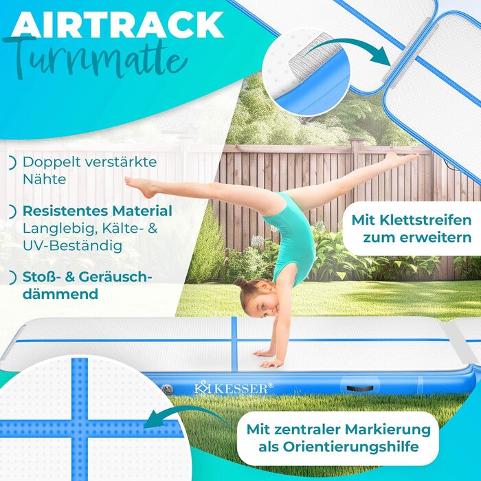 Надувна гімнастична матка KESSER® Airtrack 2м/3м/4м/5м/6м | Килимок для фітнесу, йоги, акробатики | з сумкою та електропомпою | Мінт-зелений (блакитний)