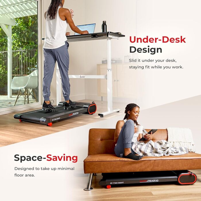 Бігова доріжка Sunny Health & Fitness SF-T7945SMART під стіл, розумна, тонка, з пультом, енергоефективна, підвищена безпека