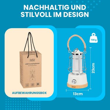 LED кемпінговий ліхтар на акумуляторі з Power Bank, 370lm, регулювання яскравості, USB зарядка, 2200-6500K, до 75 годин роботи, IP44, бамбук та льон