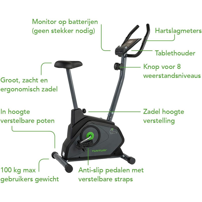 Велотренажер Tunturi Cardio Fit з ручним керуванням, пульсометром, тримачем для планшета та LCD-дисплеєм – для домашніх тренувань, реабілітації й початківців
