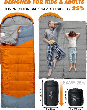 Спальні мішки для дорослих та дітей – для холодної та теплої погоди. Водонепроникний, легкий спальний мішок для кемпінгу, походів та трекінгу (з компресійним мішком). Підходить для 3-4 сезонів, 10-20°C, 1.5KG – Чорний та Оранжевий