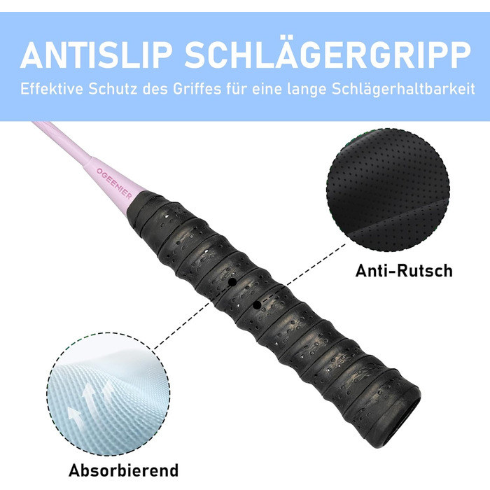 Набір для бадмінтону OGEENIER: 2 ракетки, обмотка, 2 волани, 1 ракетка з сумкою (білий, рожевий, 3 1/4 дюйма)