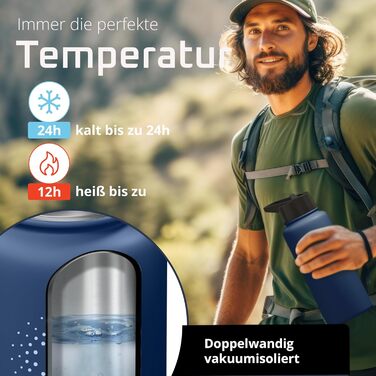 Фляга для води ACTIVE FLASK з соломкою (3 кришки) 950 мл, нержавіюча сталь, BPA-free, без витоку, для напоїв з газом, ізольована, спортивна, дитяча, синій Navy Blue