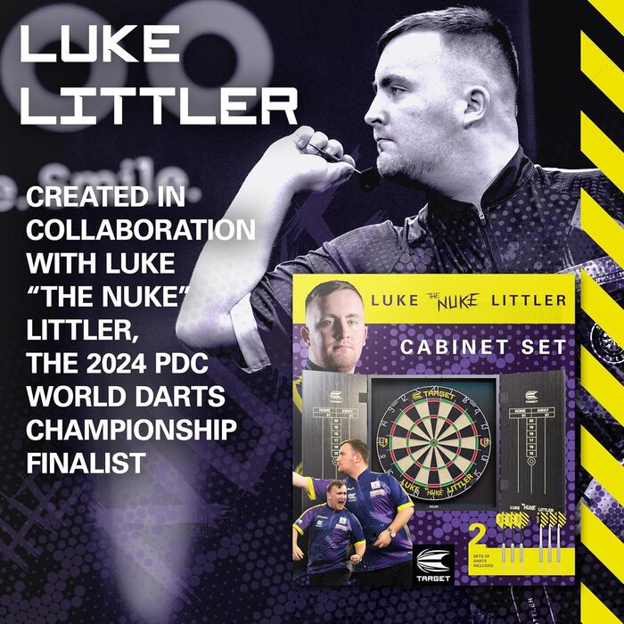 Професійний набір для дартсу Target Darts Luke Littler Kabinett & Dartboard Set 'The Nuke' з шафкою, двома наборами стілдарців та аксесуарами, ідеально підходить для гравців, включає пунктетаблиці, оригінальна гравецька версія