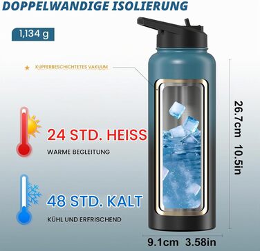 Термофлакон WATERSY з нержавіючої сталі 1200 мл, вакуумна ізольована спортивна пляшка для води з 2 кришками, герметична, синьо-чорна