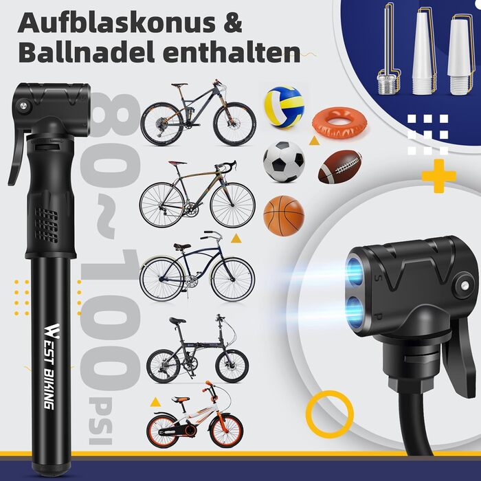 West Biking Mini насос для велосипеда - алюмінієвий насос для велосипеда, підходить для всіх типів вентилів, портативний, компактний, швидке накачування шин, легкий міні-насос для велосипеда, MTB, шосе, м'ячів, чорний