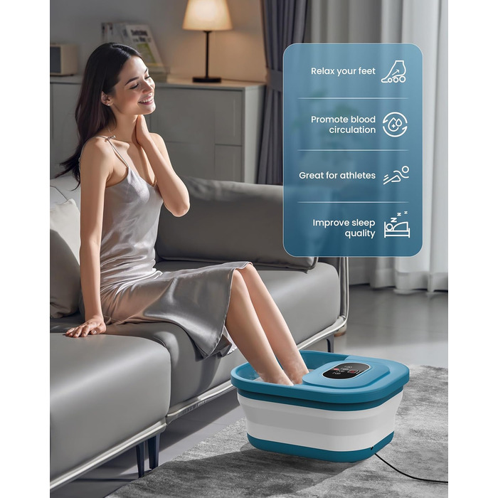 Зручне ванночка для ніг Comfier з масажем, підігрівом та функцією бульбашок | Складаний масажер для ніг | Вібрація, функція бульбашок, таймер, пемза для педикюру, 35°C-48°C, 8 Shiatsu роліків (Чорний, Синій)