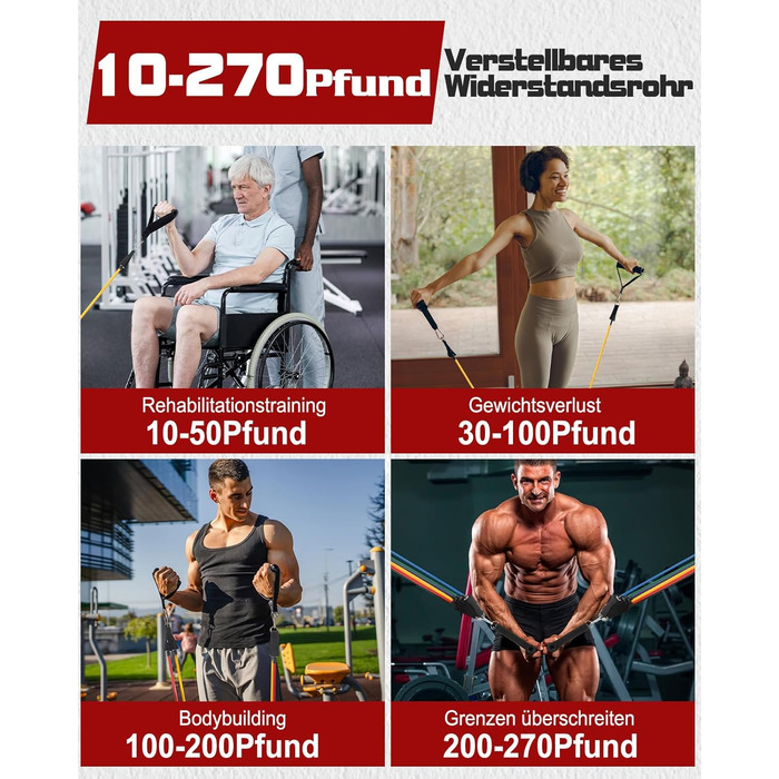 Набір еспандерів Fitense для фітнесу, 6 багатофункціональних гумових стрічок з ручками, ремінцями для щиколоток і дверним якорем, для силових тренувань, нарощування м'язів, пілатесу, для чоловіків і жінок, багатобарвний