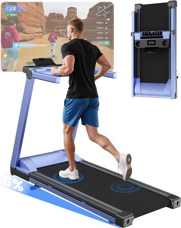 Складне бігове полотно для дому Klappbar 16 km/h, Walking Pad Foldable з нахилом 6%, бігове полотно 158 KG велика площа бігу 112 * 42cm, бігове полотно тихе для дому та офісу (Синьо-Чорний)