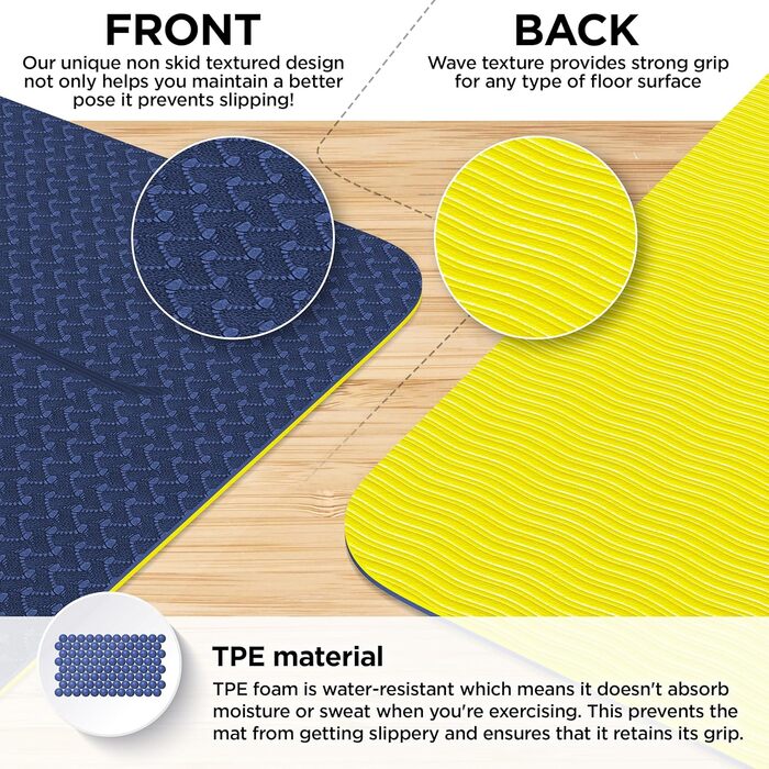 Килимок для йоги Yogii Yoga Matte: преміум TPE, 183x61x0.6 см, антиковзання, синій/золотий