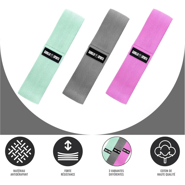 Гума для фітнесу GORILLA SPORTS® - набір 3 шт., з сумкою, 3 рівні опору та кольори, 76 см, нековзна, гумова - еспандер, фітнес-гумка, тренувальний банд, hip bands, йога, тренування ніг