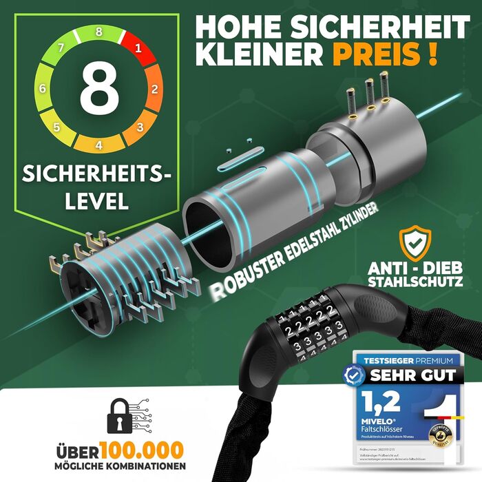 Замок для велосипеда MIVELO Kettenschloss - висока безпека, 90 см, з кодовим замком (PIN)