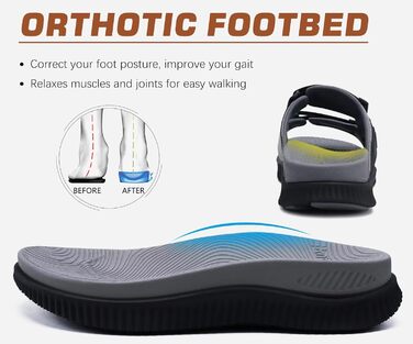 Чоловічі спортивні сандалі KuaiLu з м'якою устілкою, ортопедичні для фасціїту, підошва для хайкінгу, літні, легкі, відкриті, з регульованим липучкою (Сірий, 43 EU)