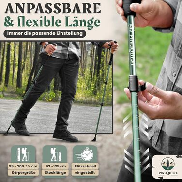 Трекінгові палиці Pinuquest Teleskop - Телескопічні, Алюміній/Карбон, 95-200 см, Ергономічні ручки з корку, 4 насадки для будь-якого рельєфу, для Nordic Walking, Зелені