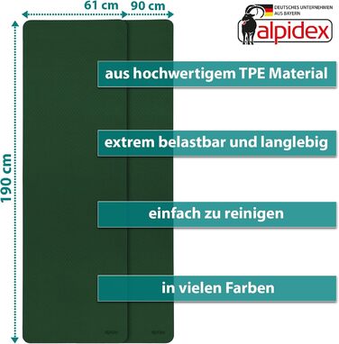 Йога мат ALPIDEX, неслизька, 190 x 61 x 0.6 см, TPE, для фітнесу, гімнастики, пілатесу, йоги, тренувань (темно-зелений / лайм)