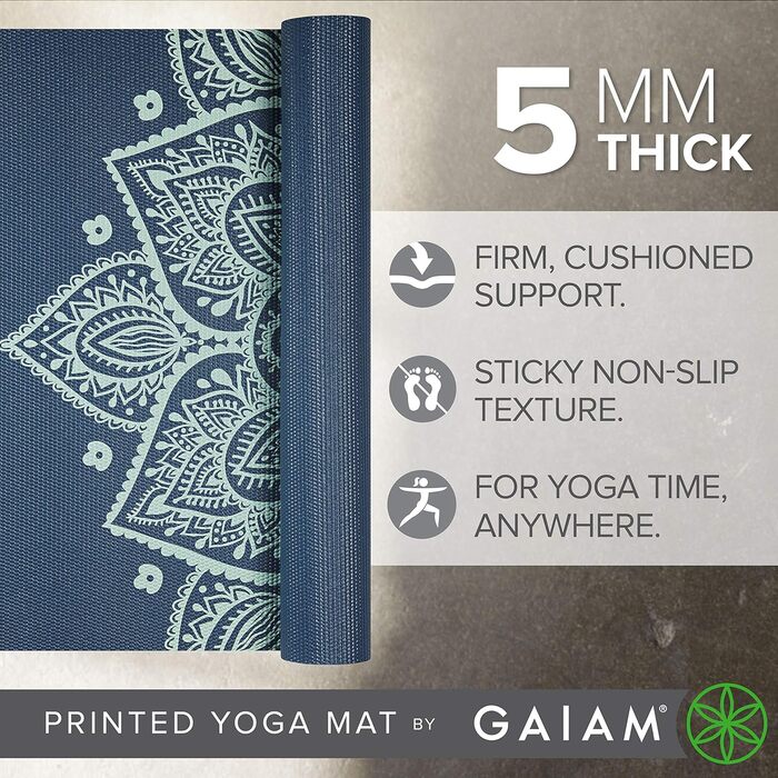 Килимок для йоги Gaiam Premium 5 мм - антиковзаюча тренувальна фітнес-мат для йоги, пілатесу та тренувань на підлозі (172,7 x 61 x 5 мм) - Колір: Indigo
