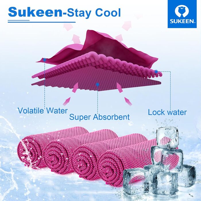 Рушник охолоджуючий Sukeen 4 шт. (101,6 x 30,5 см) - для спорту, фітнесу, тенісу, тренажерного залу - рожевий, червоний