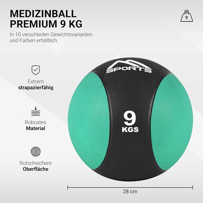 Медичний м'яч MSports 9 кг смарагдовий, професійна якість для фітнесу та гімнастики, з постером вправ