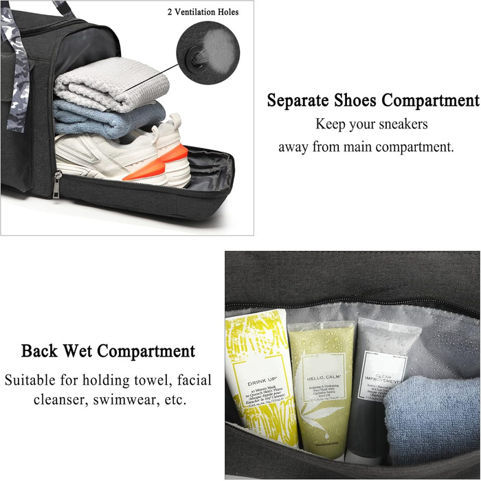 Спортивна сумка-рюкзак 3-в-1 для чоловіків з відділенням для взуття та вологих речей, чорна (22.4 x 10.6 x 11 дюймів)
