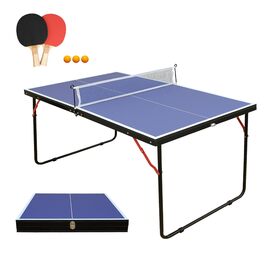 Стіл для пінг-понгу Muenfly з сіткою та набором ракеток – Outdoor/Indoor, складаний, з 2 ракетками та м'ячами, стабільний дизайн, синя ігрова поверхня, простий монтаж для дітей та дорослих