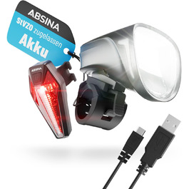 Набір велосипедних LED ліхтарів ABSINA, USB-зарядка, 200 м, 100 Люкс, передній і задній, StVZO, акумуляторні
