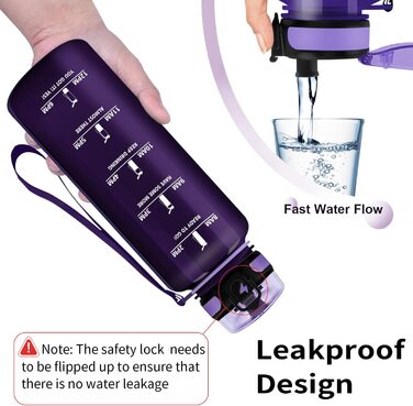 Спортивна пляшка для води Grsta 1,5 л, BPA Free, з фільтром і мітками часу, для газованої води, герметична, для спортзалу, школи, офісу та вулиці, темно-фіолетова