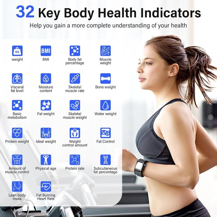 Вага для вимірювання жиру в тілі з датчиками рук, 8 електродів, цифрова вага з LCD дисплеєм, висока точність вимірювання жиру та м'язової маси з підключенням до APP, 32 показники, для вимірювання жиру, ІМТ та ін. FRKG78-BT (TZC1)