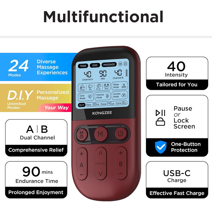 Пристрій 4-в-1 для домашнього використання EMS, масажер для стимуляції м'язів та нервів, терапевтичний апарат TENS з двома каналами для зняття болю, схвалений FDA, з 12 електродних подушечок (червоний)