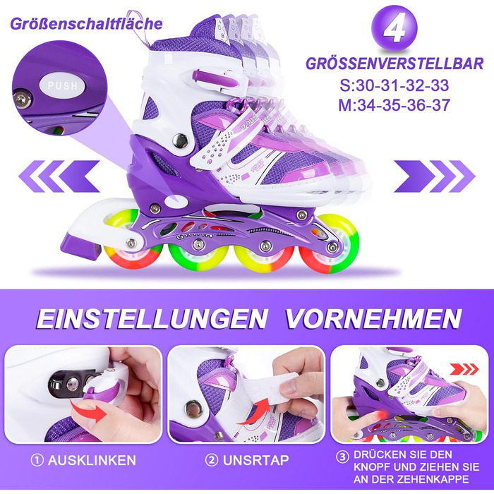 Дитячі ролики JIFAR Inliner з регулюванням розміру та підсвічуванням, розміри 30-33, 34-37, фіолетовий колір