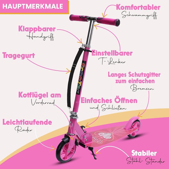 Самокат дитячий Habib Cityroller складаний, рожевий, для дітей та підлітків (6-16 років), з регульованою висотою керма та широкою декою