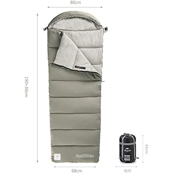 Спальний мішок Naturehike з бавовни з капюшоном, 3-сезонний, легкий, портативний, з'єднуваний, наповнювач M180/M300, високоякісна бавовна, колір 'Кіпінблотгрюн'
