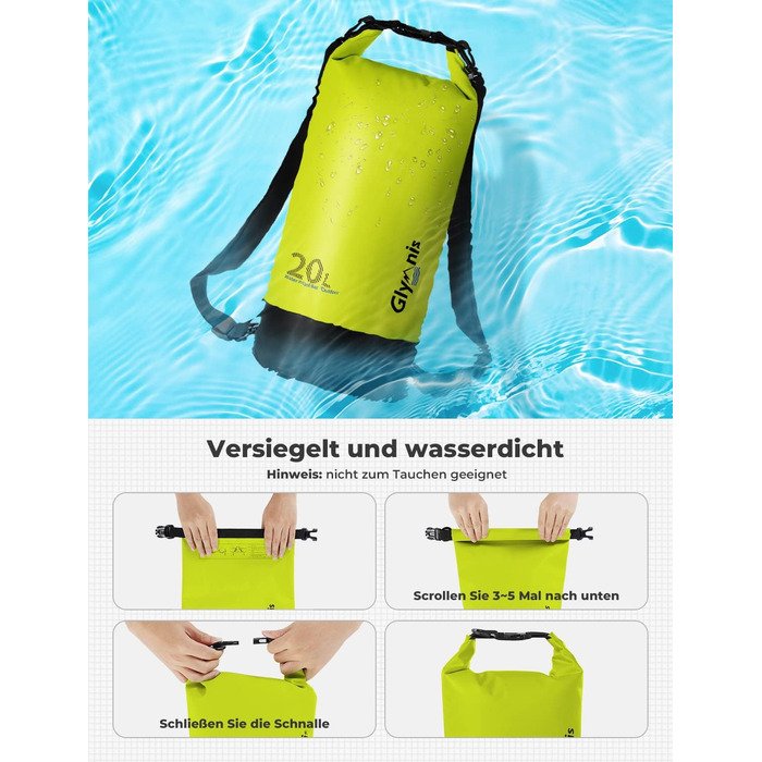 Водонепроникний мішок Glymnis 20L Dry Bag - мішок для активного відпочинку, плавання, кемпінгу (світло-зелений)