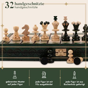 Шахи дерев'яні преміум Master of Chess 35 см, складана дошка з фігурами, зелений колір, класичний сімейний набір