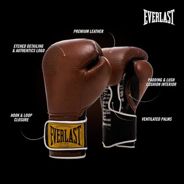 Боксерські рукавички Everlast 1910 Classic з натуральної шкіри, для тренувань з мішком та лапами, на липучці, потрійна амортизація, ергономічне зчеплення – Оригінальні Everlast, Колір: Коричневий, Розмір: 14OZ