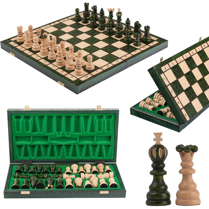 Шаховий набір з витонченим інтарсією з вишневого дерева Pearl XL | Master of Chess | Шаховий набір 42 см | Класичний шахи для дітей та дорослих - шахівниця з фігурами (Зелений XL)