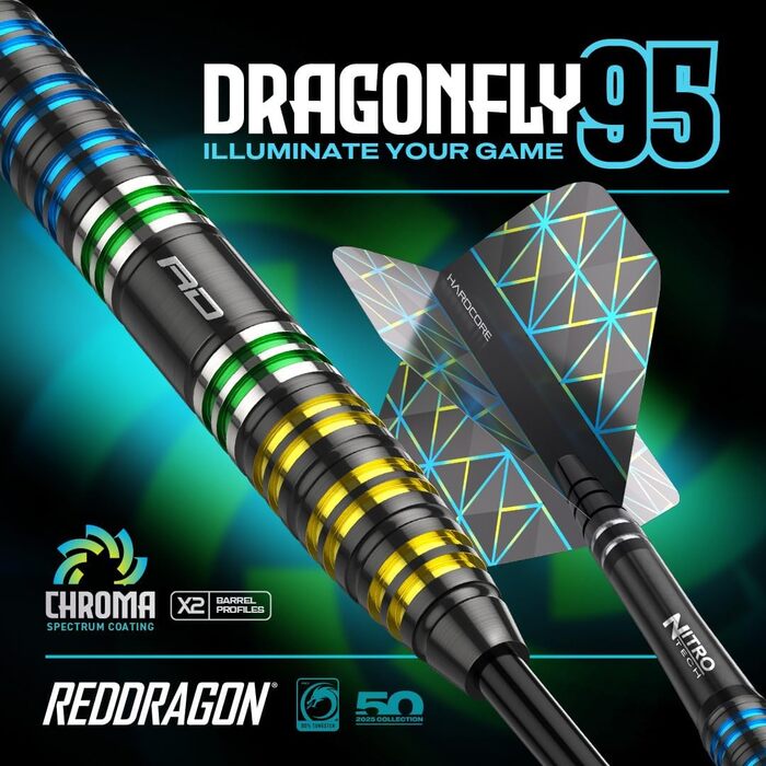 Професійні дартси Red Dragon Dragonfly 95, 95% вольфрам, сталевий наконечник, набір з оперенням і шафтами, вага 22-26 г