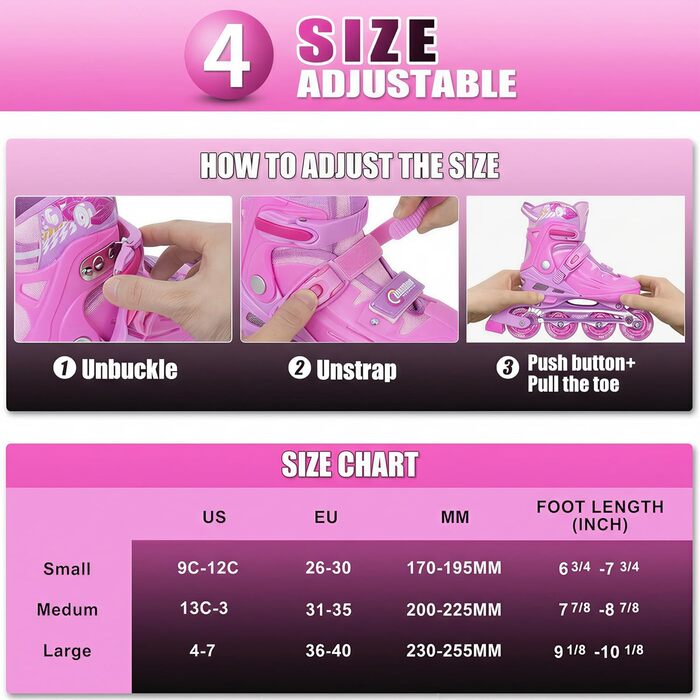Інлайне ролики Nattork для дітей та дорослих, регульовані, рожеві, розмір 32-36