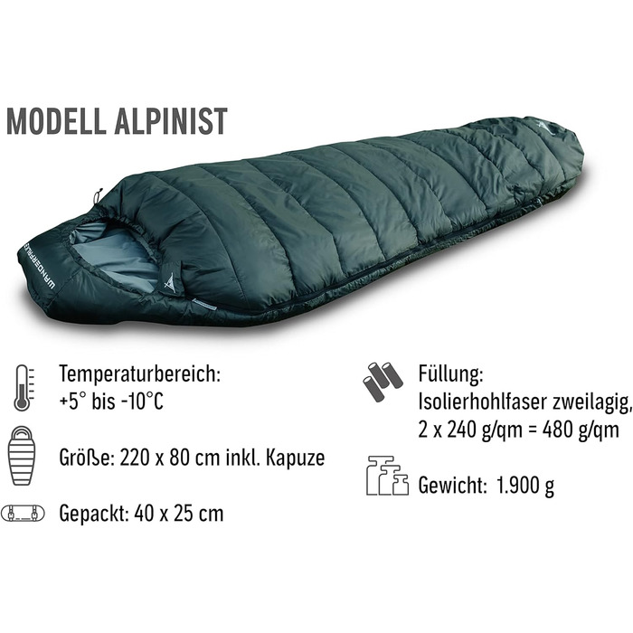 Спальник WANDERFALKE® Premium Alpinist для 3-4 сезонів (+5°C до -10°C), мамі-формат, 480GSM + літній спальник 200GSM для кемпінгу, туризму та подорожей