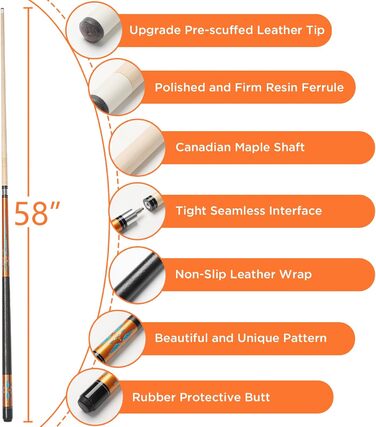 Більярдний кий 18/19/20/21 oz, 58' - професійний кий для більярдного столу, 13mm наконечник, для гри 8/9 куль (Золотий 18oz)