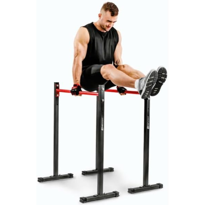 HOP SPORT Турнік для віджимань Dip Stange - надійна та регульована стійка для віджимань до 140 кг - тренажер для силових тренувань + неопренові рукавички в комплекті, чорний