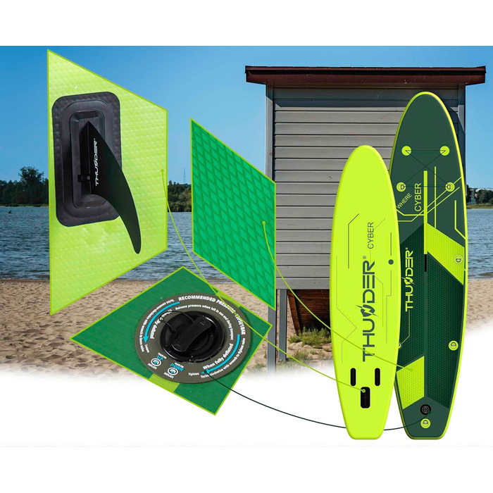 Надувна SUP-дошка THUNDER 320/365 см, зелена, антиковзка, PVC, з помпою, рюкзаком та регульованим веслом – ідеальна для заміни каяка або понтона