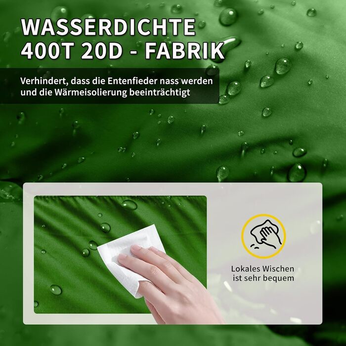 Спальний мішок BUERTS Daunen Summer 620FP, компактний, для дорослих та підлітків, 16°C, зелений