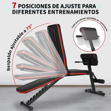 Складана та регульована лавка для тренувань з гантелями, 7 положень, вантажопідйомність 300 кг, з еластичними стрічками та подушкою для біцепса – ідеально для дому