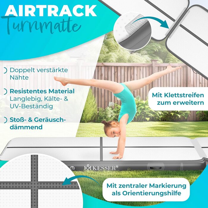 КЕССЕР® Airtrack - надувна гімнастична килимок 2м/3м/4м/5м/6м. Включає сумку та електричний насос. Килимок для йоги, акробатики, тренувань. Колір: м'ятно-зелений (антрацит). Розмір: 200 x 100 x 10 см