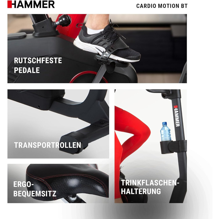 Велотренажер HAMMER Cardio Motion BT для дому, з Bluetooth, тихий, зручний сідло, легкий вхід, підходить для літніх, тримач для планшета, 110x52x140 см